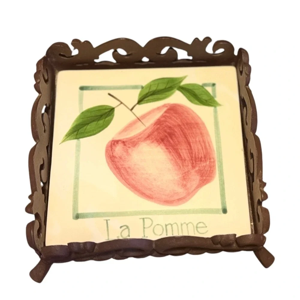 Vtg Laurie Gates Los Angeles Pottery La Pomme Apple Tile Trivet Cast Iron Frame